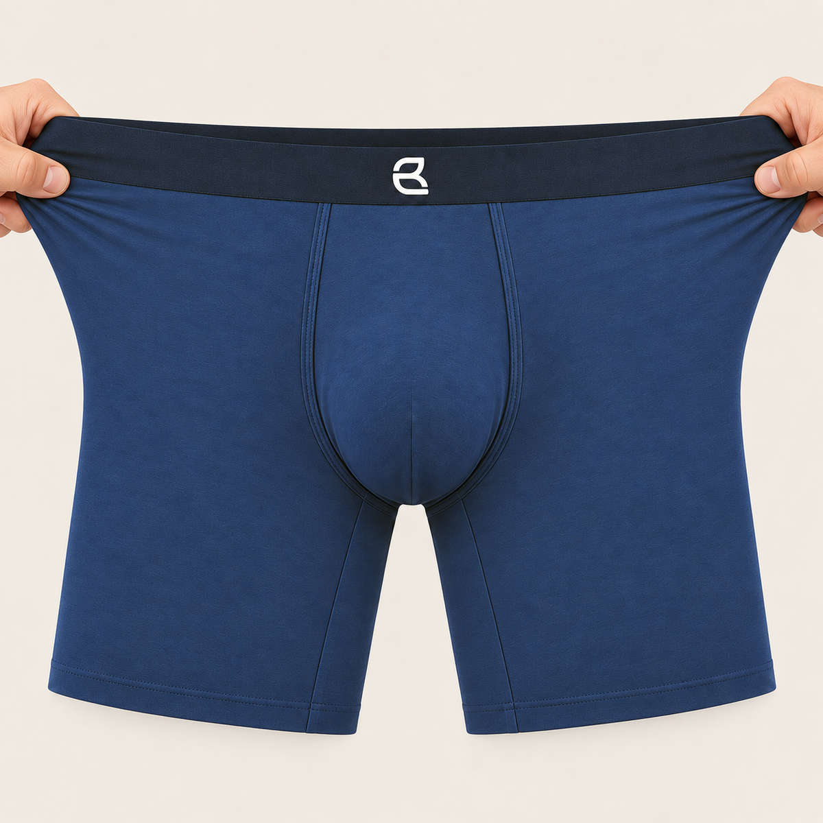 Men’s Seamless Anti-Chafe Long Boxer Brief — waistband stretch demonstration