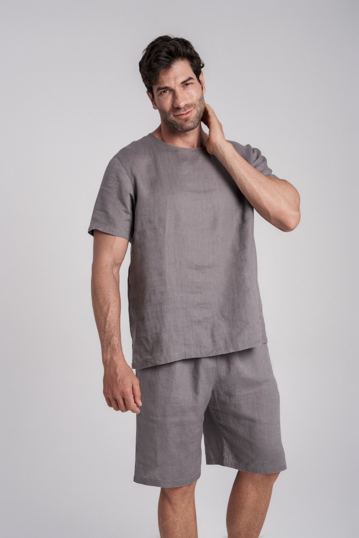 Men's Short-Sleeve Linen Sleepwear — linen texture at shirt neckline