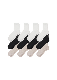 12-pack men's hemp crew socks in white, black, and natural colors