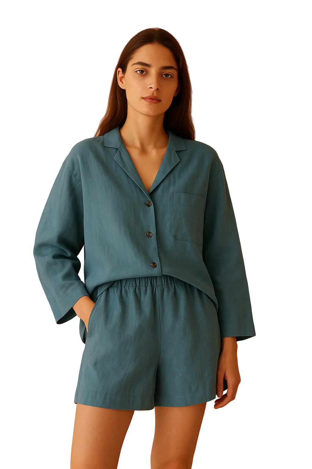 Women’s Linen Sleepwear — collar, piping and buttons
