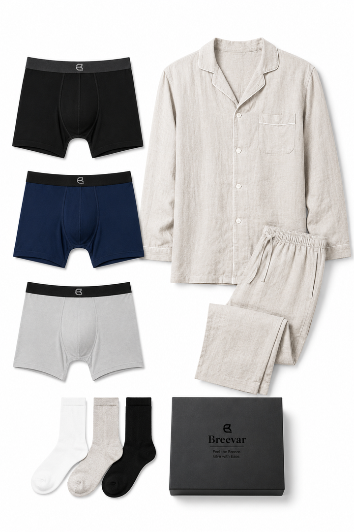 Men's Natural Comfort Complete Gift Set with Long-Sleeve Sleepwear, Boxer Brief and Socks