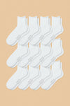 12-pack of white roll top socks arranged in a grid