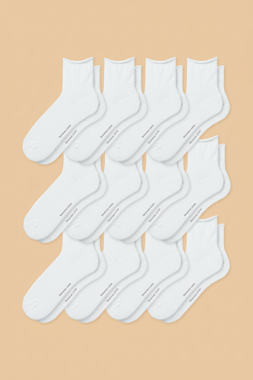 12-pack of white roll top socks arranged in a grid