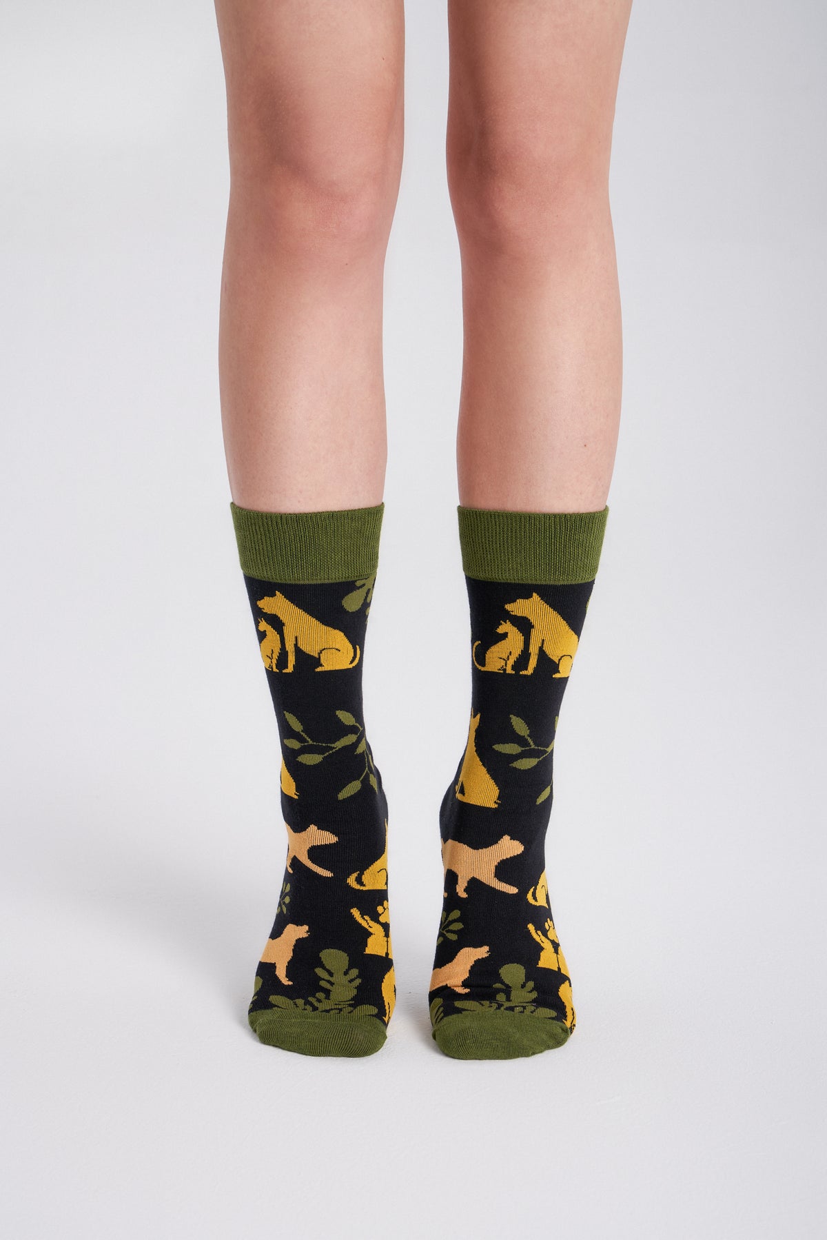 Collectible Art Crew Socks – Animal Rescue & Welfare — heel shape and crew cuff on foot