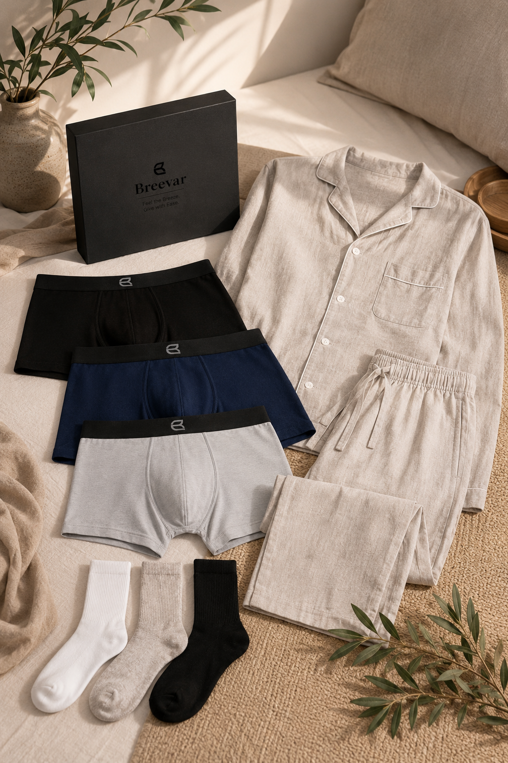 Men's Natural Comfort Complete Gift Set with Long-Sleeve Sleepwear, Boxer Brief and Socks