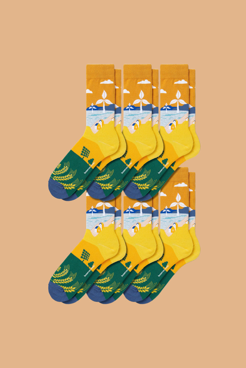 6 pairs of art-inspired crew socks featuring clean energy designs