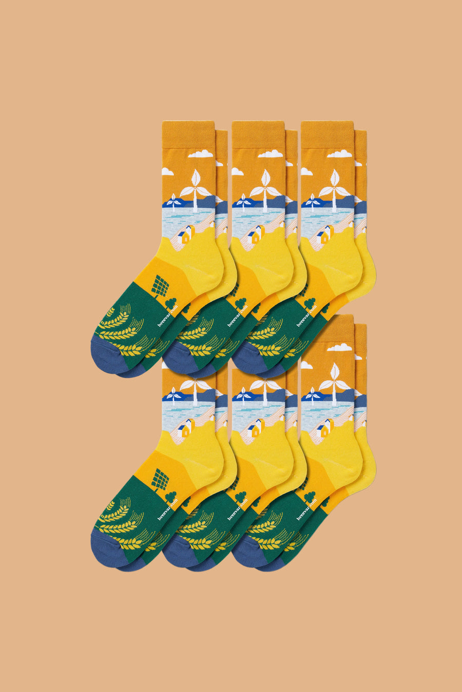6 pairs of art-inspired crew socks featuring clean energy designs
