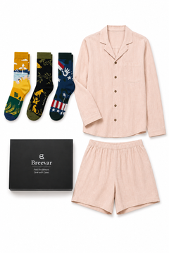 Linen sleepwear set with three pairs of themed socks and gift box