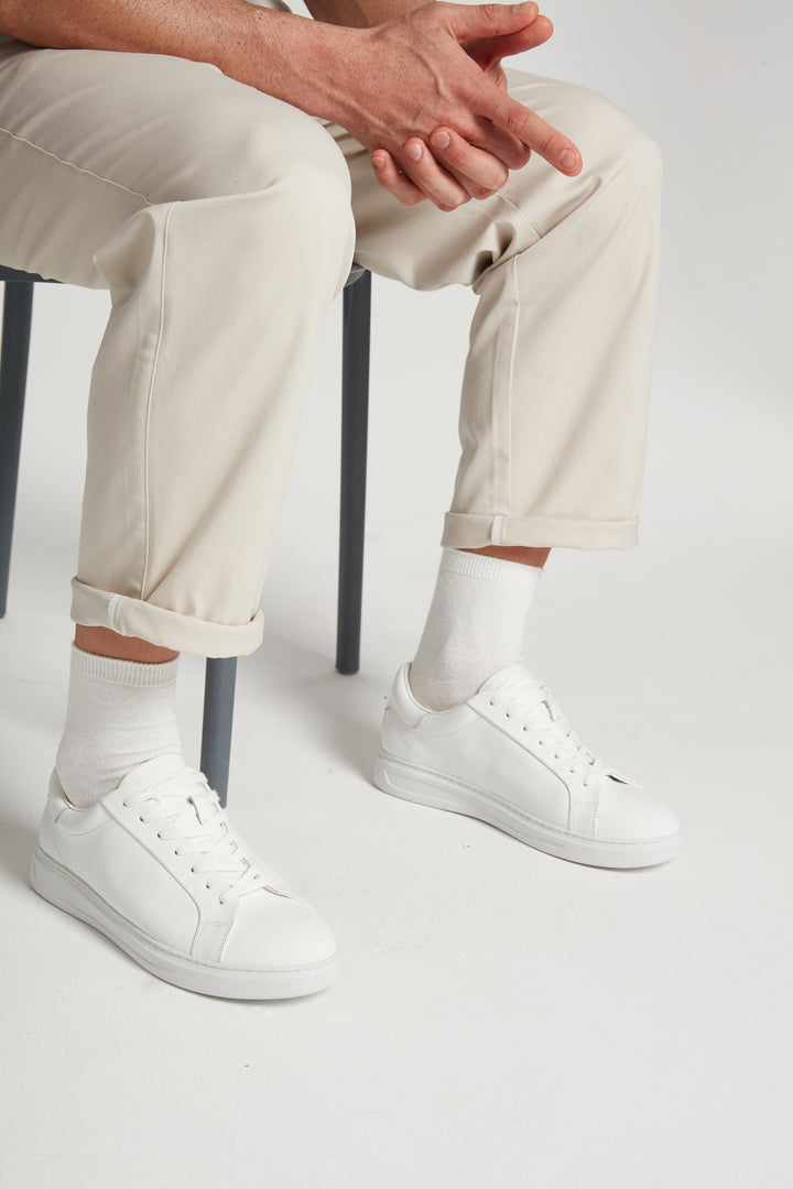 Breevar white men's hemp socks with white shoes sitting