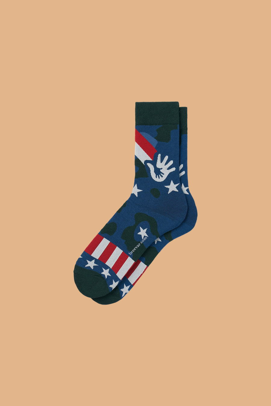 Collectible art crew socks with camouflage and patriotic design