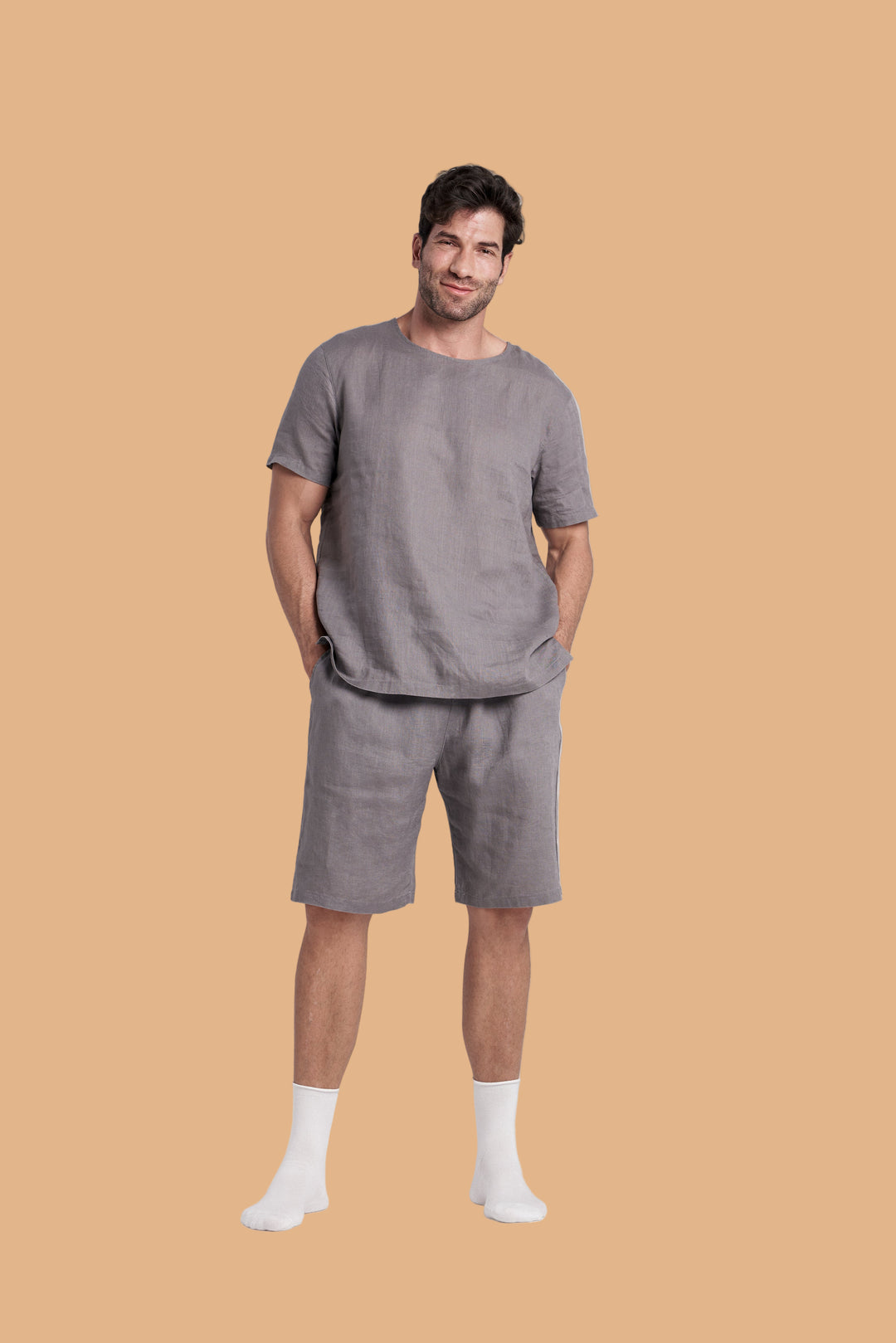 Men's Short-Sleeve Linen Sleepwear Natural Linen Color