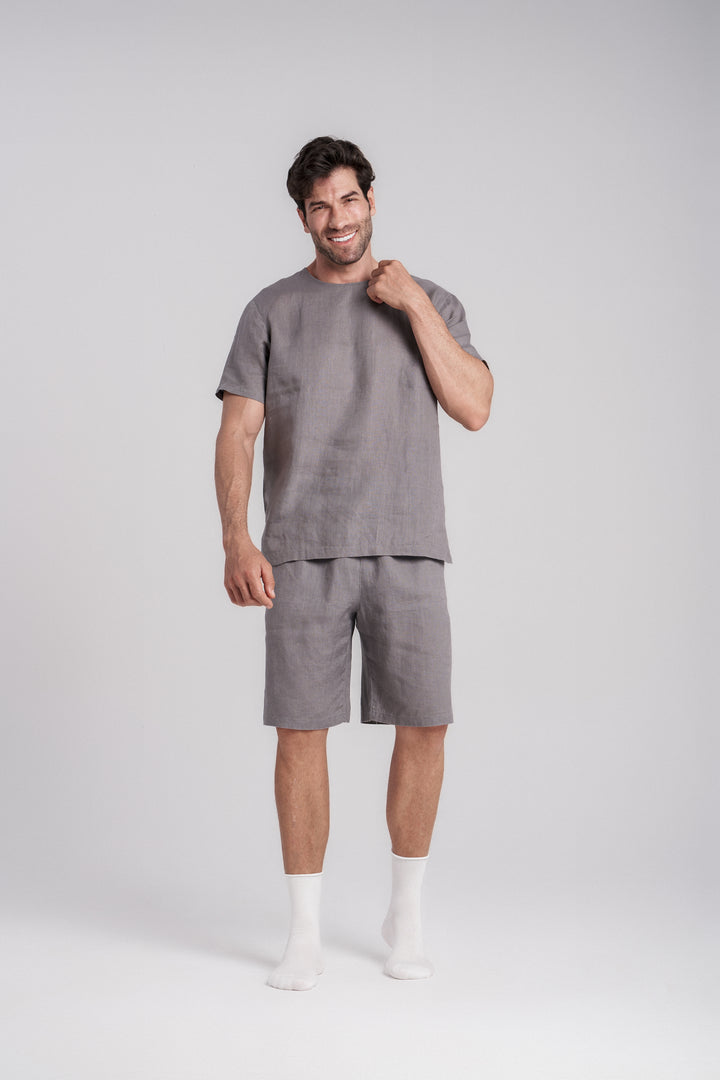 Men's Short-Sleeve Linen Sleepwear Natural Linen Color