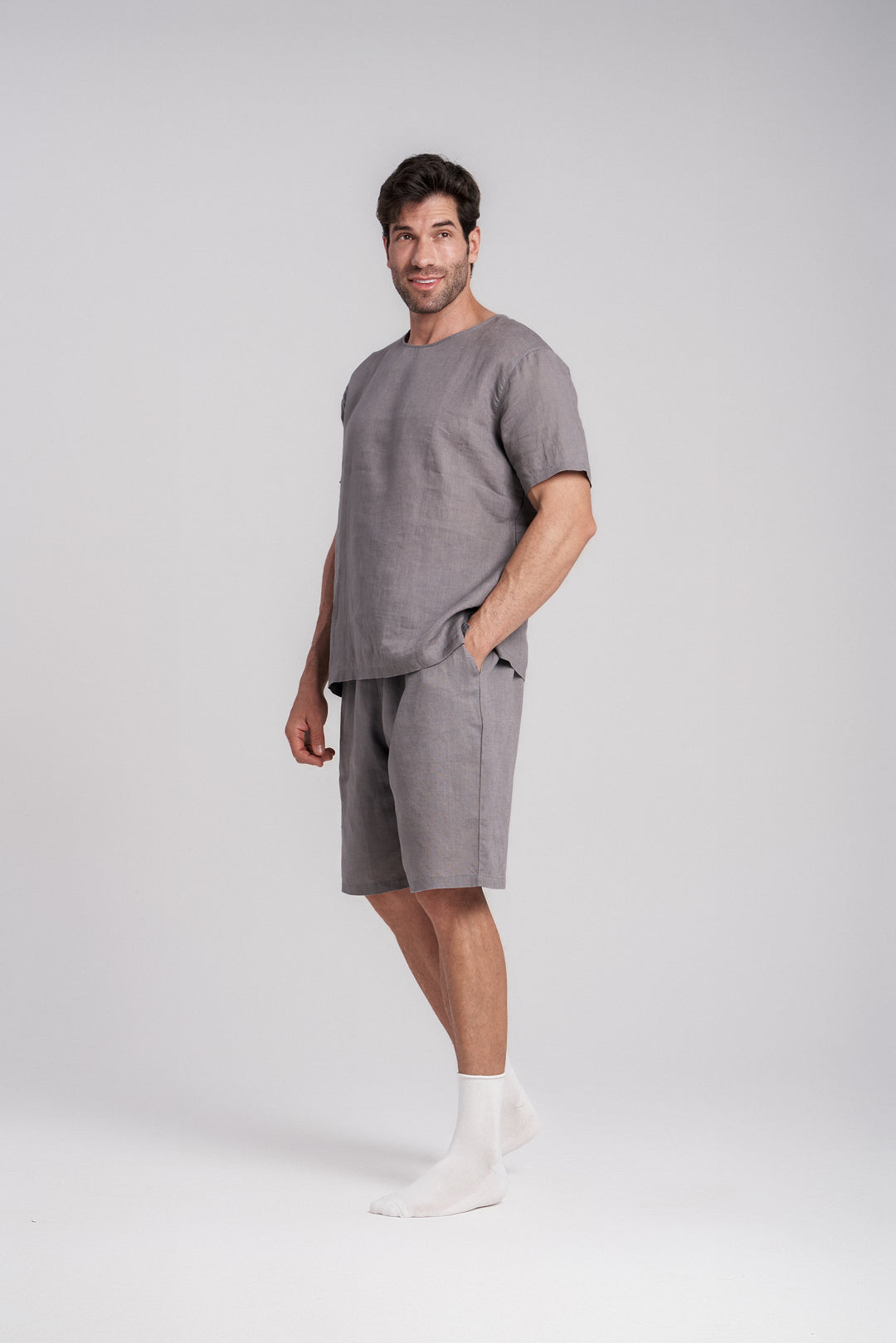 Men's Short-Sleeve Linen Sleepwear Natural Linen Color