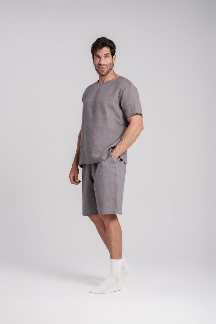 Men's Short-Sleeve Linen Sleepwear Natural Linen Color