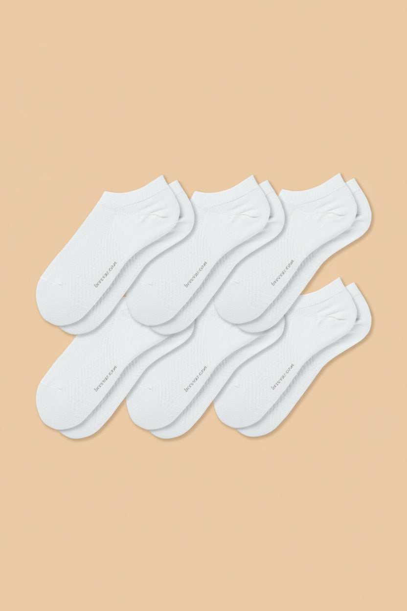 6-pack of white ankle socks arranged together