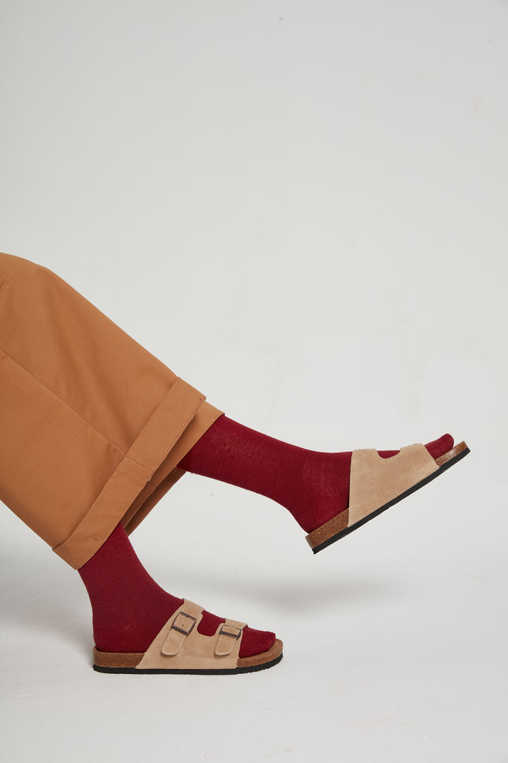 breevar burgundy color hemp socks for women sitting