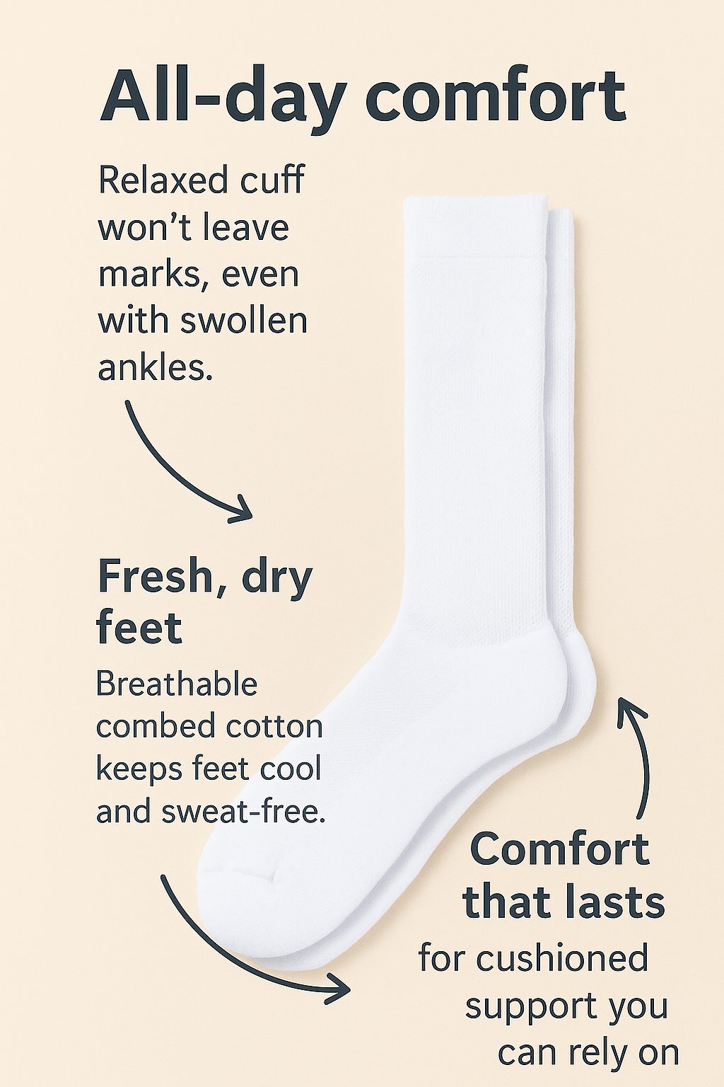 breevar diabetic socks feature: All-day comfort – relaxed cuff won’t leave marks, even with swollen ankles. Gentle on skin – seamless design prevents irritation, safe for sensitive feet. Comfort that lasts – reinforced heel and toe with cushioned support you can rely on.