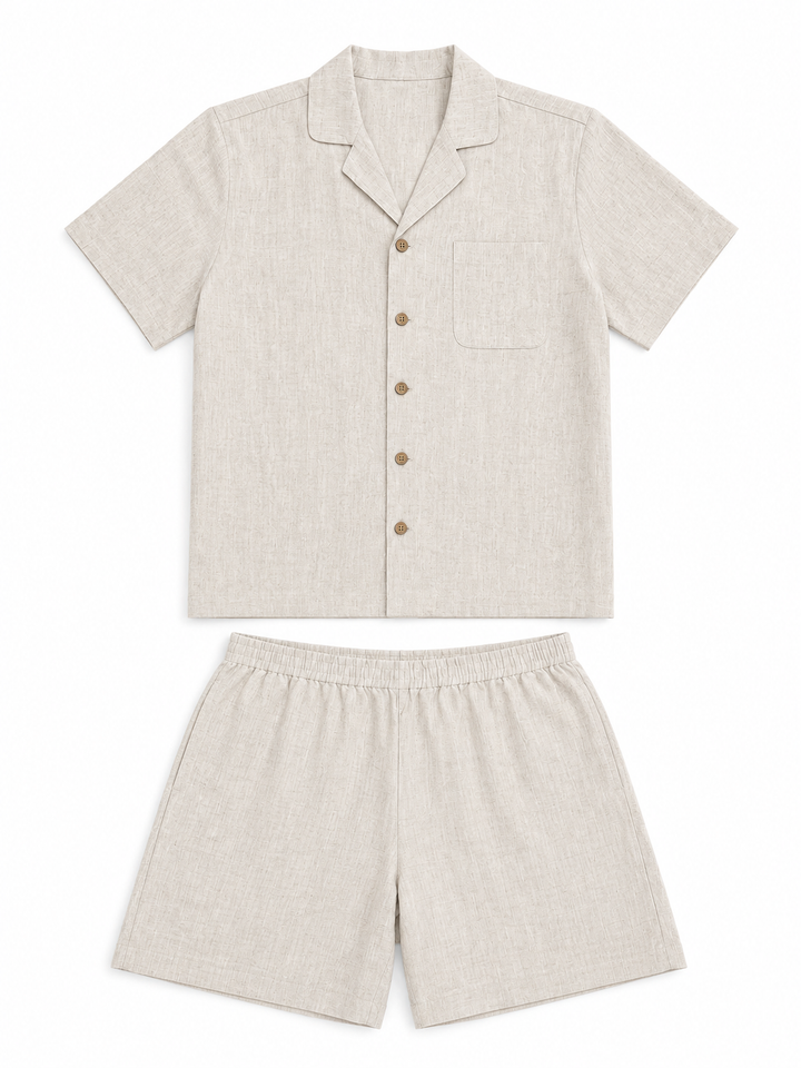 Men's Short-Sleeve Hemp Sleepwear Set - flat lay product shot in natural oat color