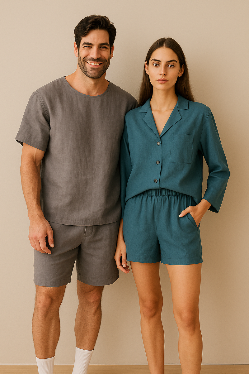 breevar linen sleepwear couple gift set gray and mineral blue