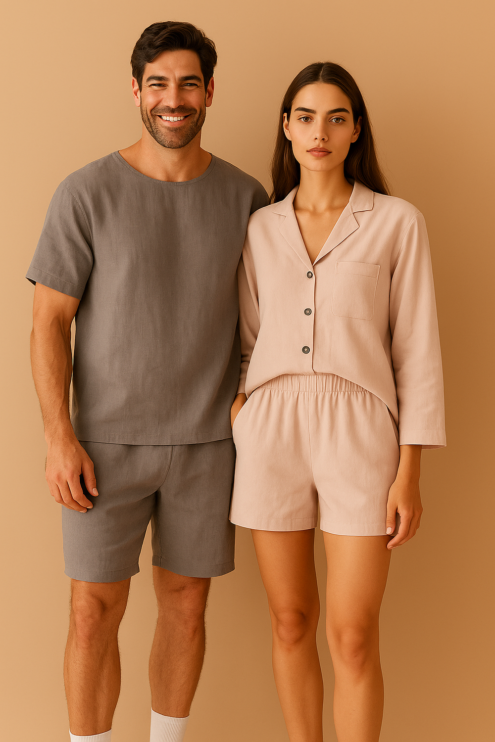 breevar linen sleepwear couple gift set gray and pink