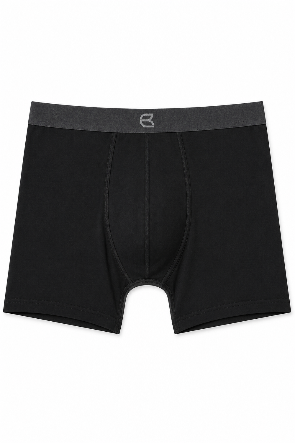 Black men's boxer briefs with a dark gray elastic waistband featuring a small white stylized 'B' logo in the center, displayed flat against a white background.