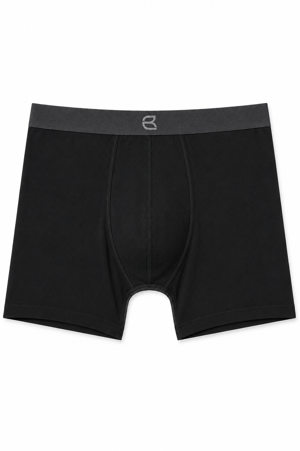 Black men's boxer briefs with a dark gray elastic waistband featuring a small white stylized 'B' logo in the center, displayed flat against a white background.