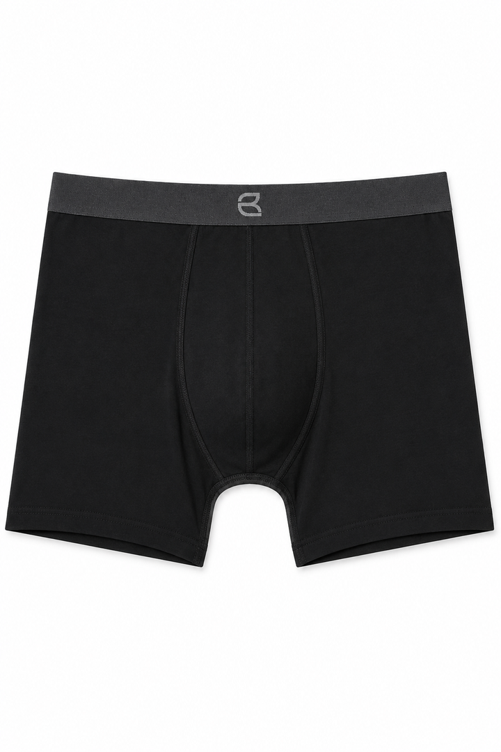 Black men's boxer briefs with a dark gray elastic waistband featuring a small white stylized 'B' logo in the center, displayed flat against a white background.