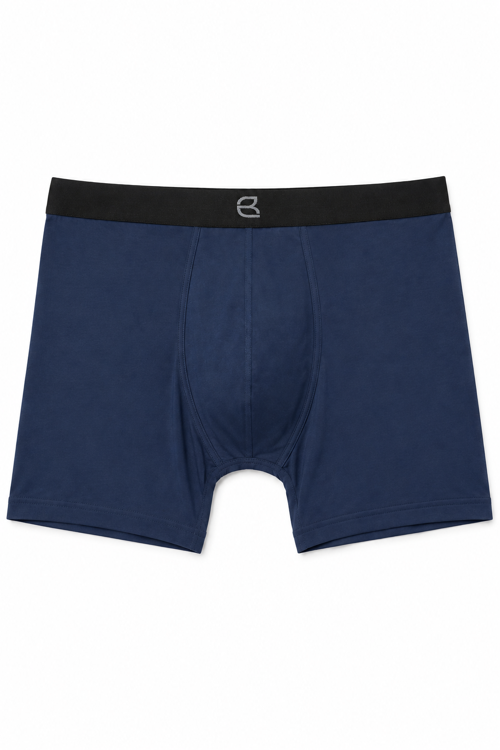 A pair of navy blue boxer briefs with a contrasting black waistband featuring a small white stylized 'e' logo, displayed flat against a white background.