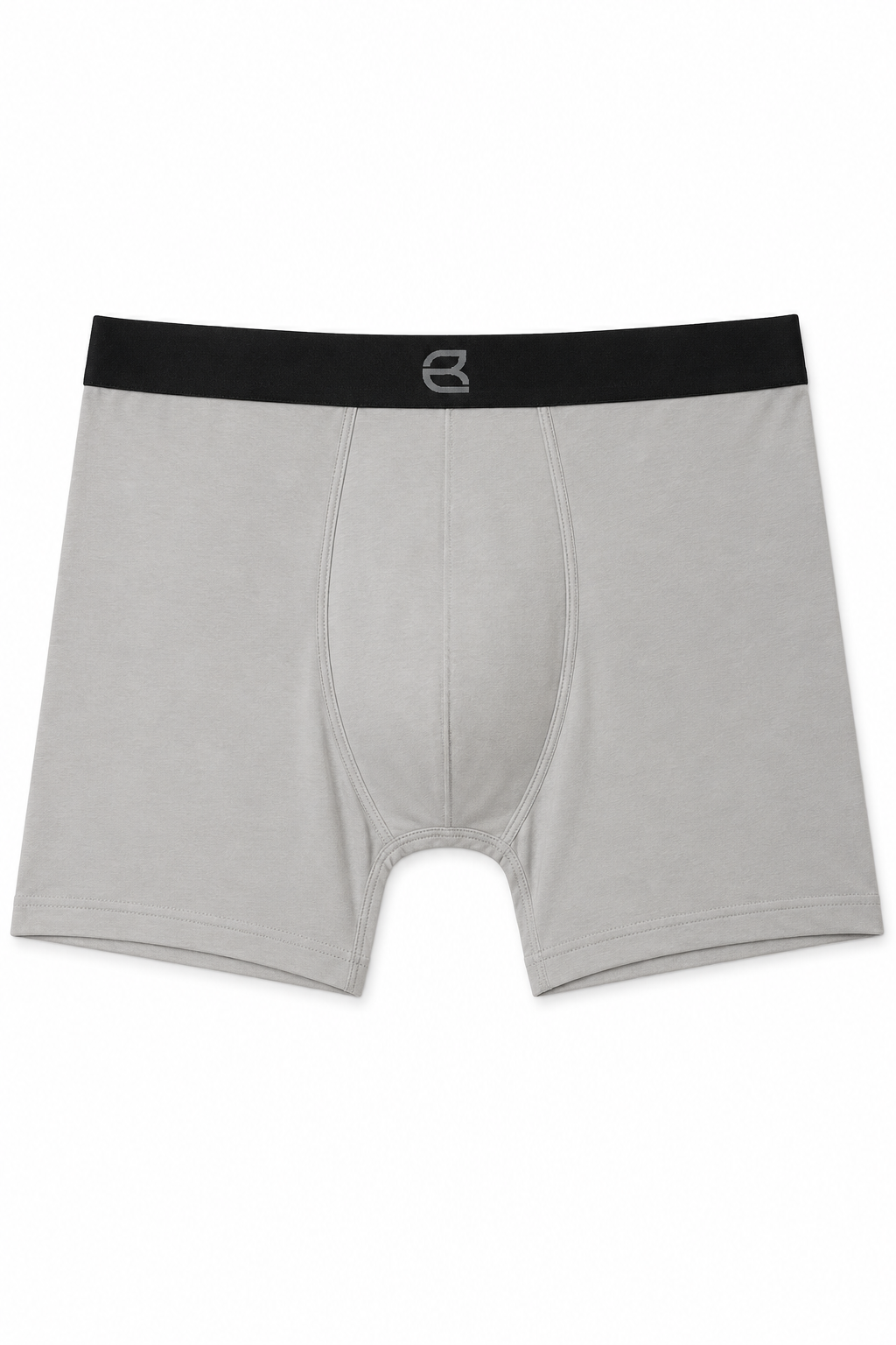 A pair of light gray boxer briefs with a contrasting black elastic waistband featuring a small white stylized logo in the center, displayed flat against a white background.