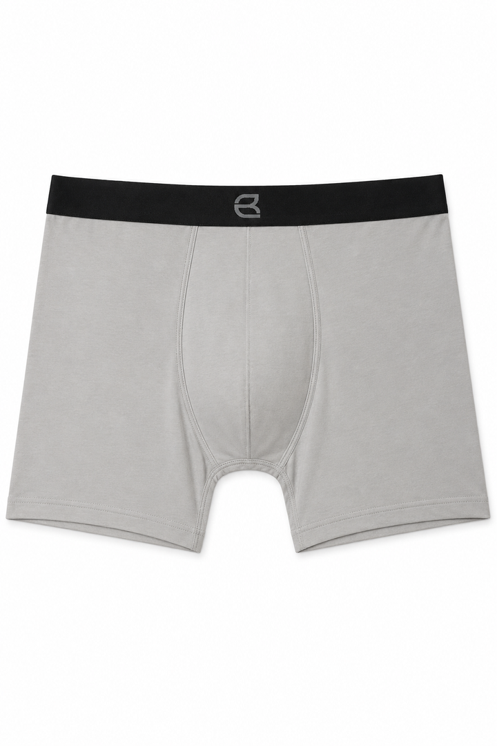 A pair of light gray boxer briefs with a contrasting black elastic waistband featuring a small white stylized logo in the center, displayed flat against a white background.