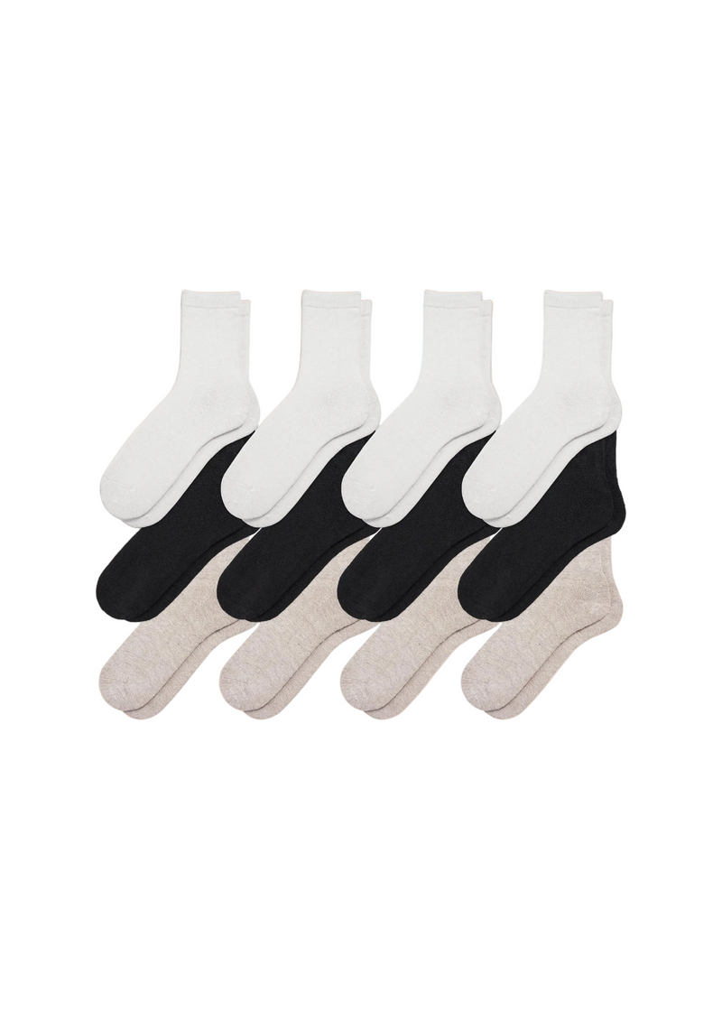 12-pack men's hemp crew socks in white, black, and natural colors