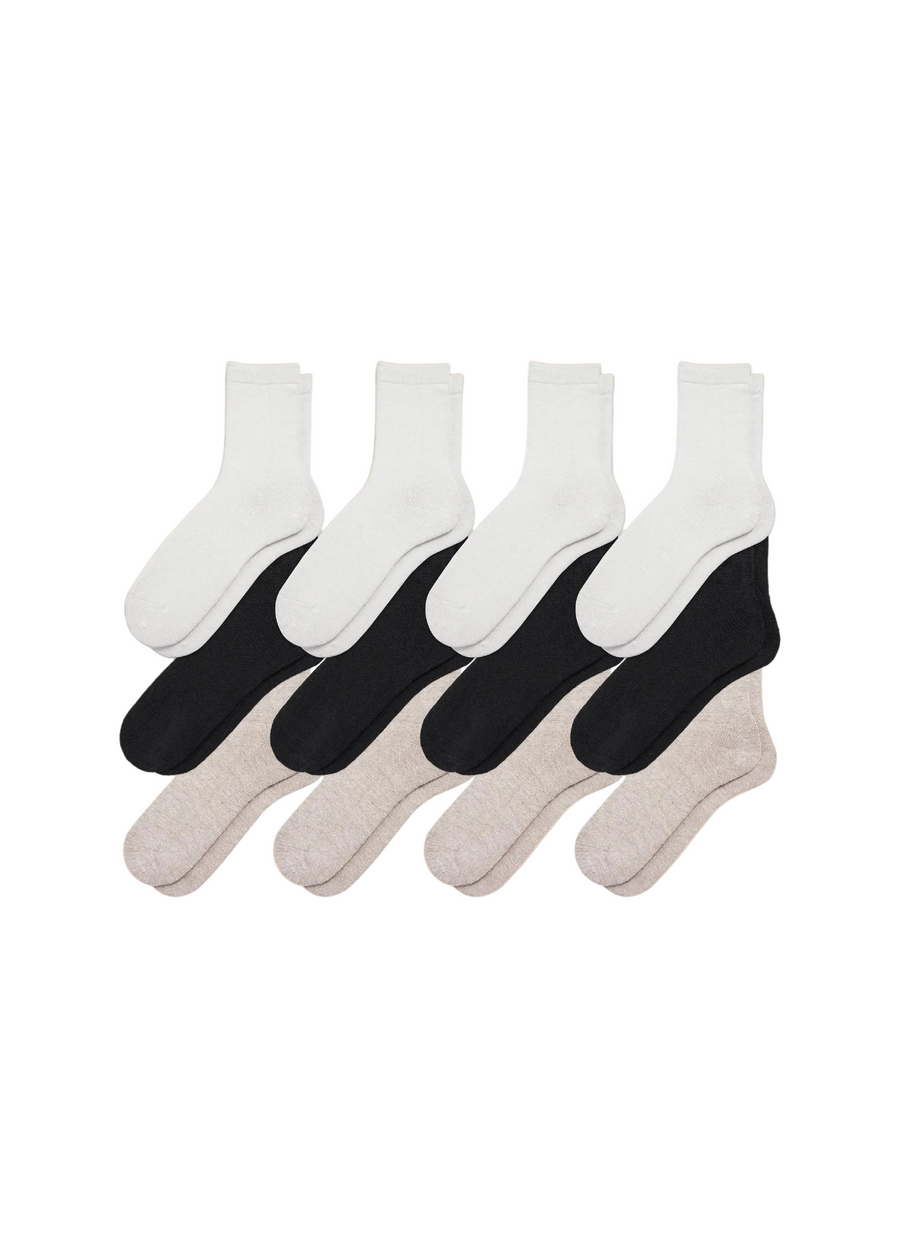 12-pack men's hemp crew socks in white, black, and natural colors