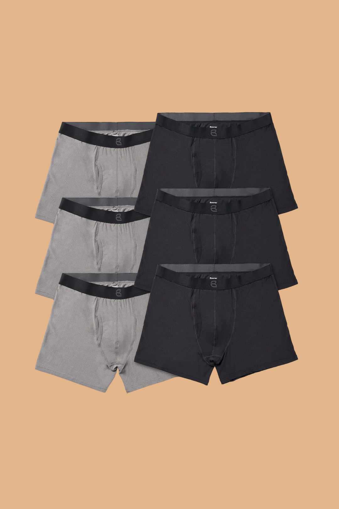 Breevar men’s mesh modal 2nd skin boxer briefs 6-pack with three black and three gray underwear