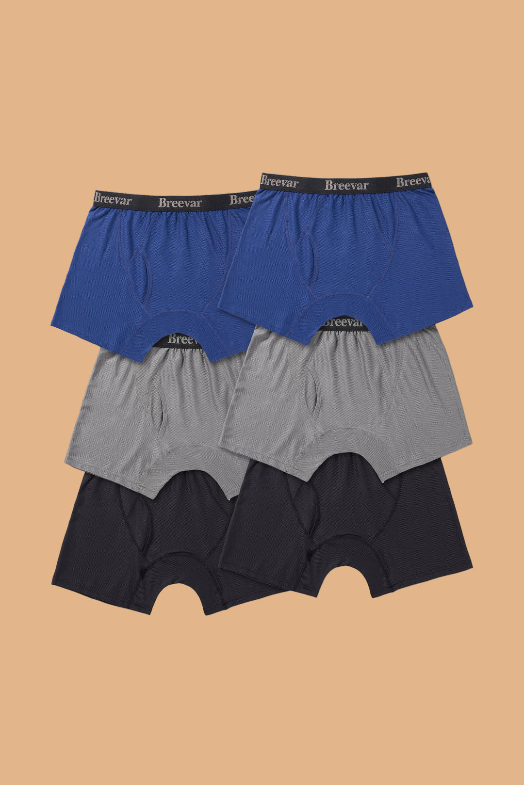 Breevar men’s mesh performance boxer briefs 6-pack with 2 black and 2 gray and 2 blue quick-dry underwear