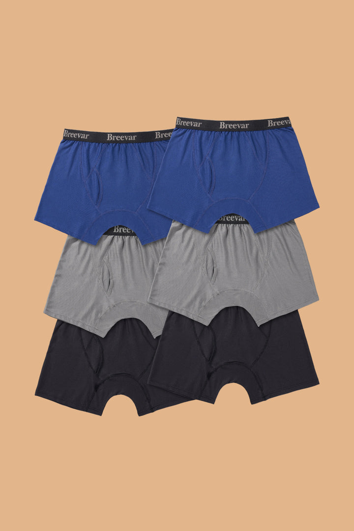 Breevar men’s mesh performance boxer briefs 6-pack with 2 black and 2 gray and 2 blue quick-dry underwear