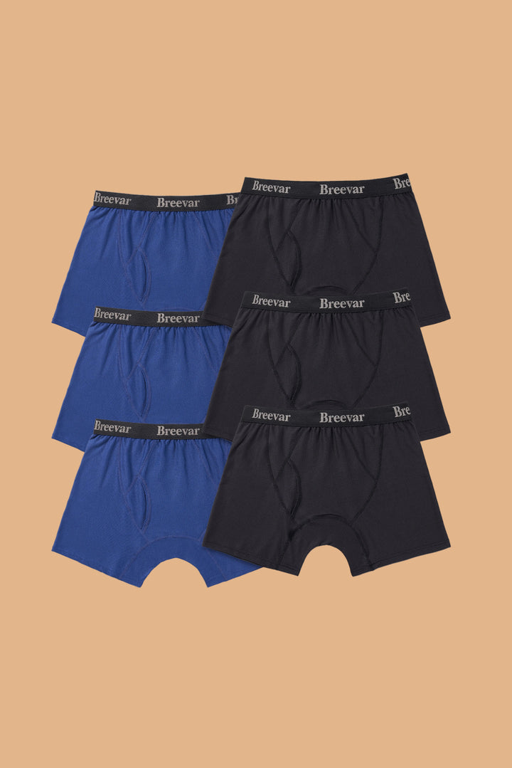 Breevar men’s mesh performance boxer briefs 6-pack with three black and three blue quick-dry underwear