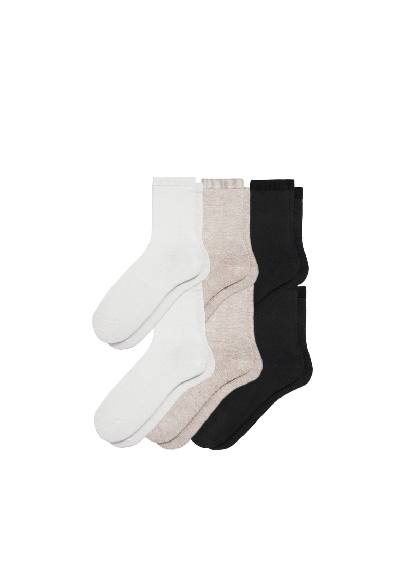 6-pack of men's hemp crew socks in white, natural, and black colors
