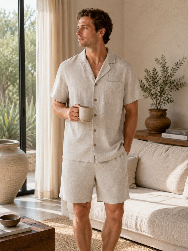 Man in hemp sleepwear set holding morning coffee by sunlit window