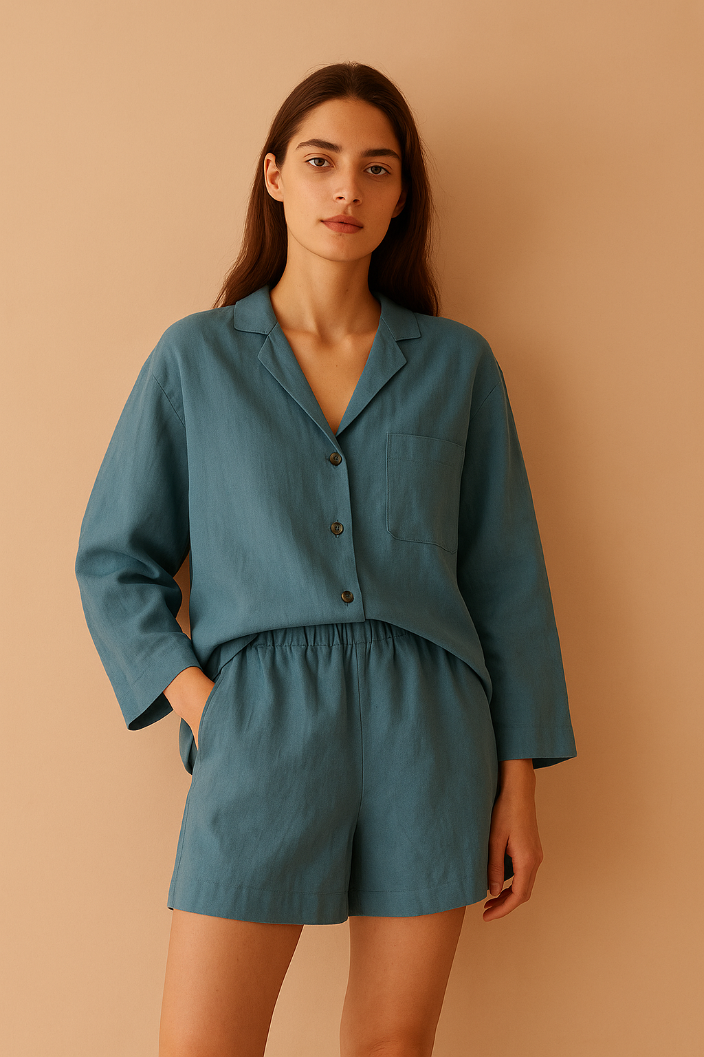 Women's short sleeve linen sleepwear mineral blue