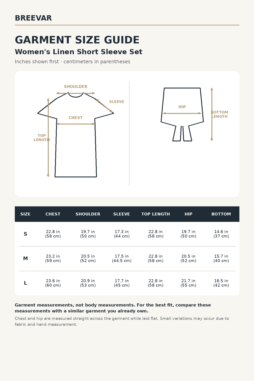 Breevar women's linen short-sleeve set garment size guide with a simple line drawing of the shirt and a measurement table for sizes S through L.